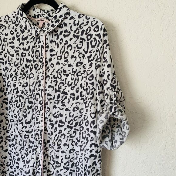 Victoria Secret Sleep Shirt Dress M White Animal Print Button Down Long Sleeve - Picture 3 of 9